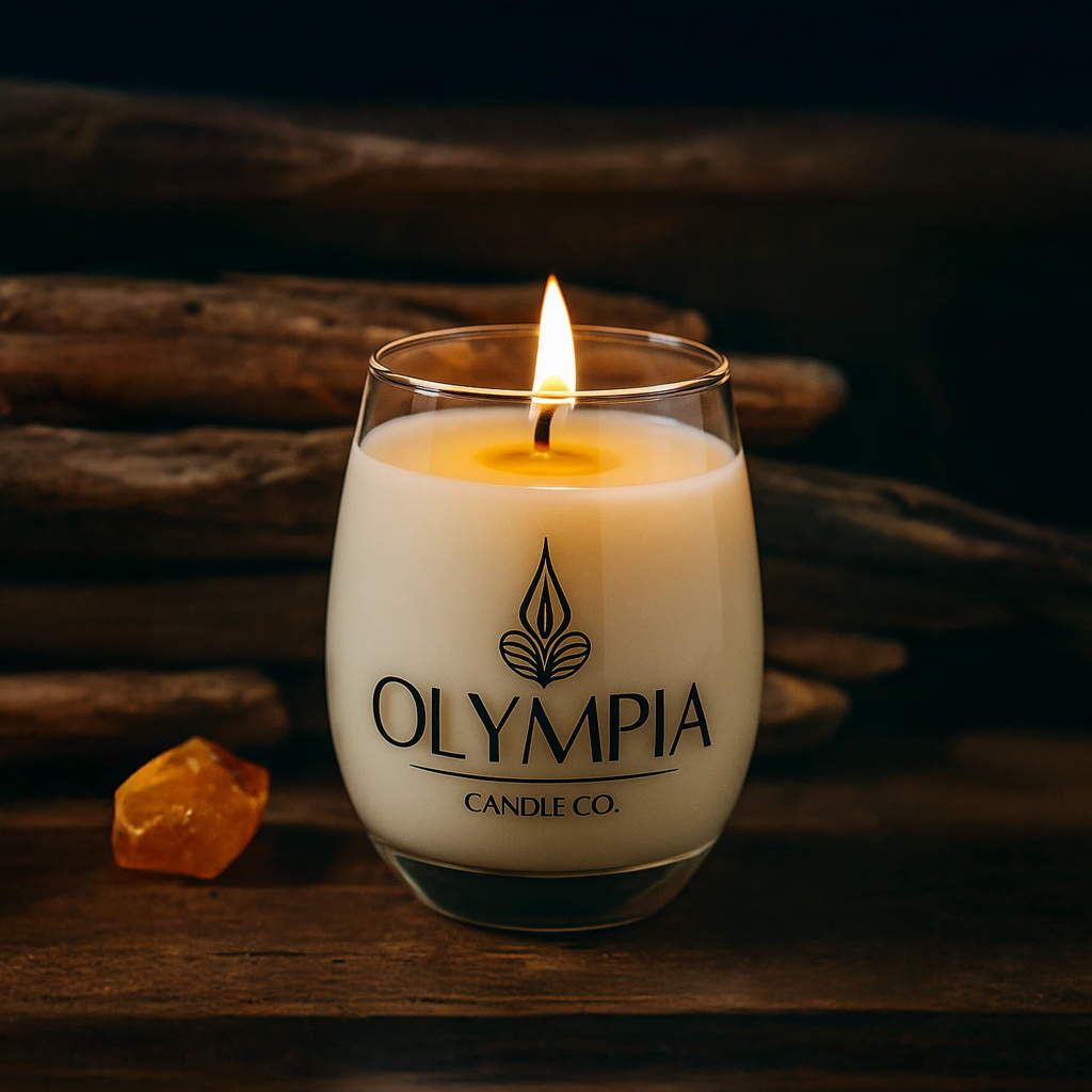 Olympia Candle Co. candle with a flame on a dark background