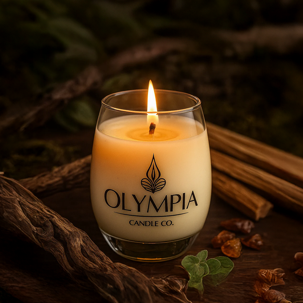 Olympia Candle Co. candle with cinnamon sticks and wares in the background