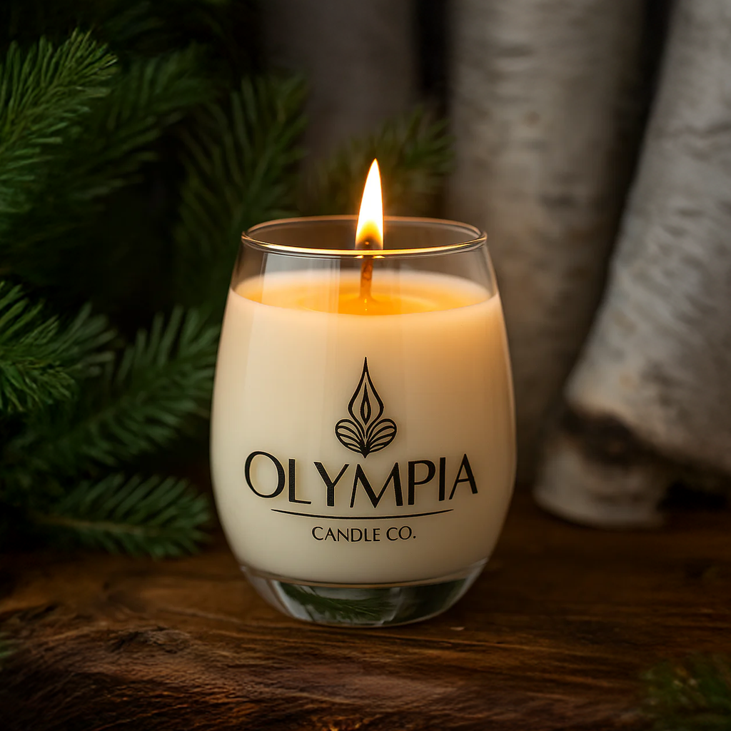 Candle in a glass holder with 'Olympia Candle Co.' branding, surrounded by greenery and wood.