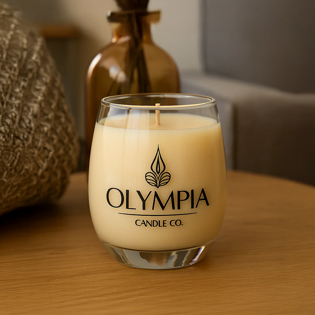 Glass candle with 'Olympia Candle Co.' logo on a wooden surface