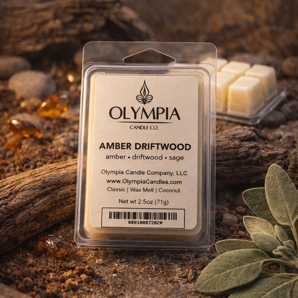 Olympia Candle Co. amber driftwood wax melts packaging on a natural background