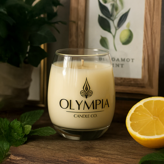 Olympia Candle Co. candle in a glass jar with a lemon and plant on a wooden surface