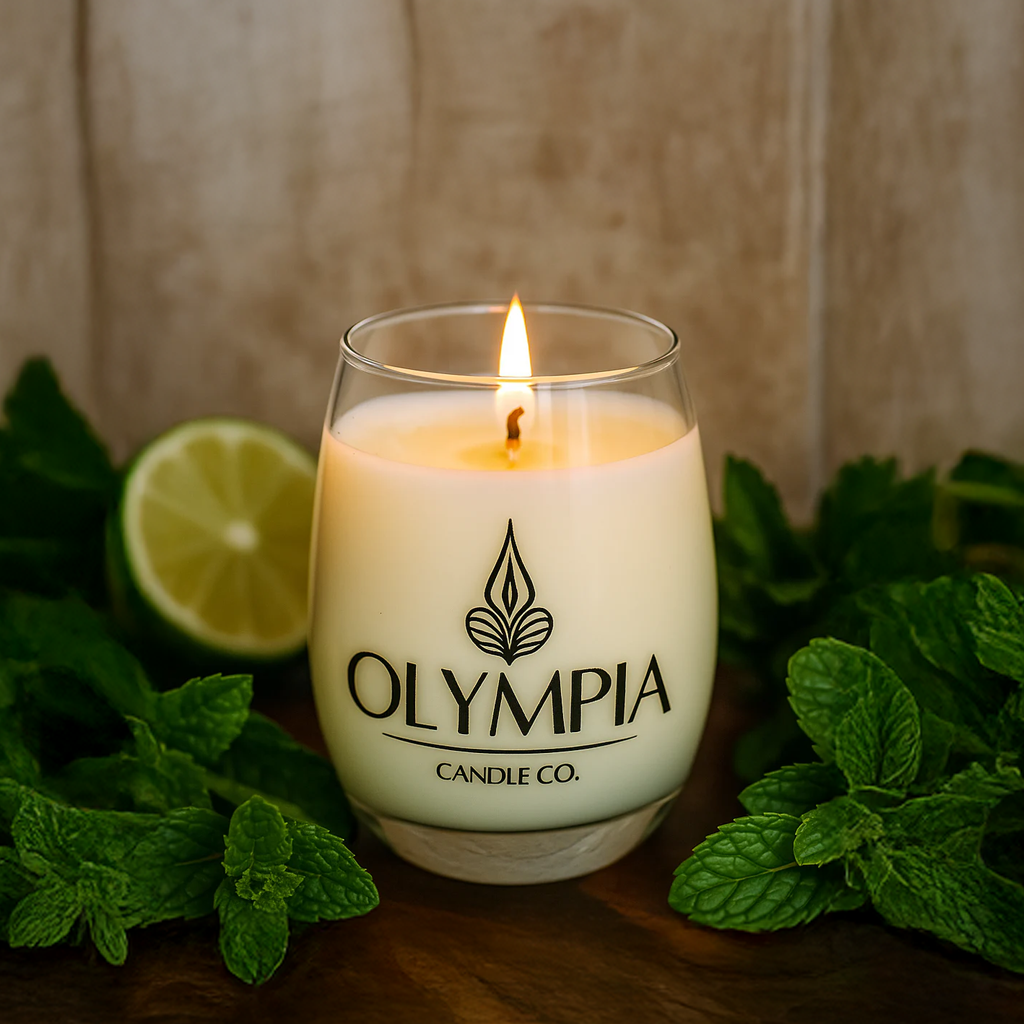 Candle with 'Olympia Candle Co.' branding surrounded by green leaves and a lime.
