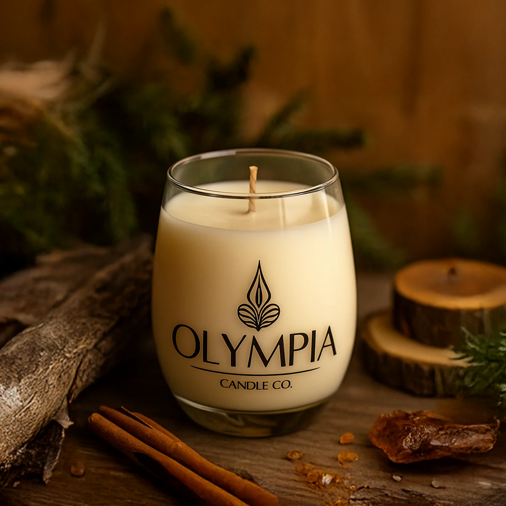 Olympia Candle Co. candle on a wooden surface with cinnamon sticks and pine branches.