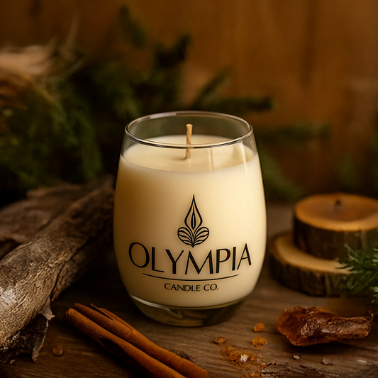 Olympia Candle Co. candle on a wooden surface with cinnamon sticks and pine branches.