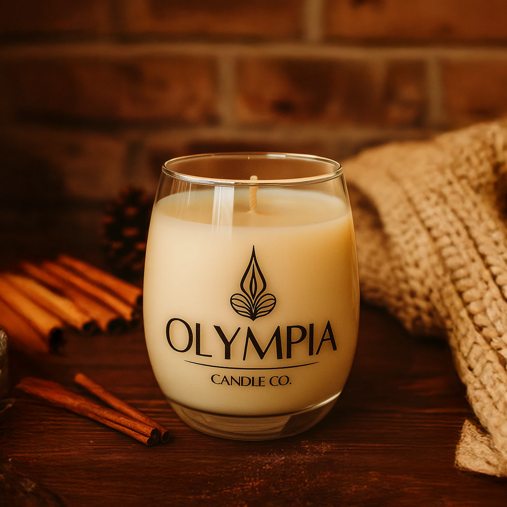 Glass candle with 'Olympia Candle Co.' logo on a wooden surface with cinnamon sticks and a textured blanket.