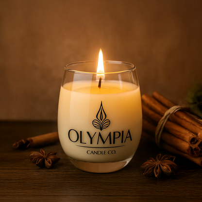 Olympia Candle Co. candle with cinnamon sticks and star anise on a wooden surface