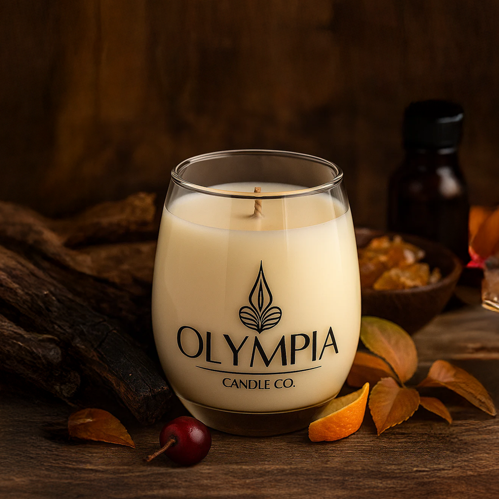 Olympia Candle Co. candle in a glass jar with autumn elements on a wooden surface