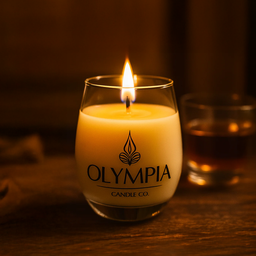 Candle in a glass container with 'Olympia Candle Co.' branding, burning on a wooden surface.