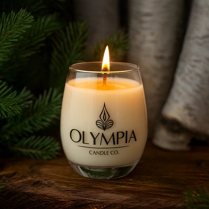 Candle in a glass holder with 'Olympia Candle Co.' branding, surrounded by greenery and wood.