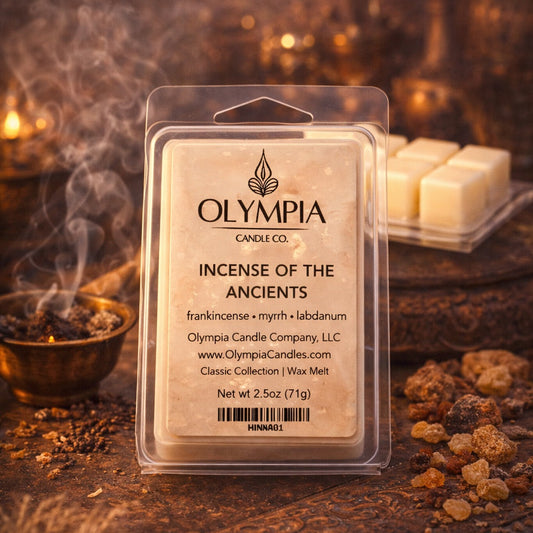 Olympia Candle Co. wax melt packaging with incense on a dark background