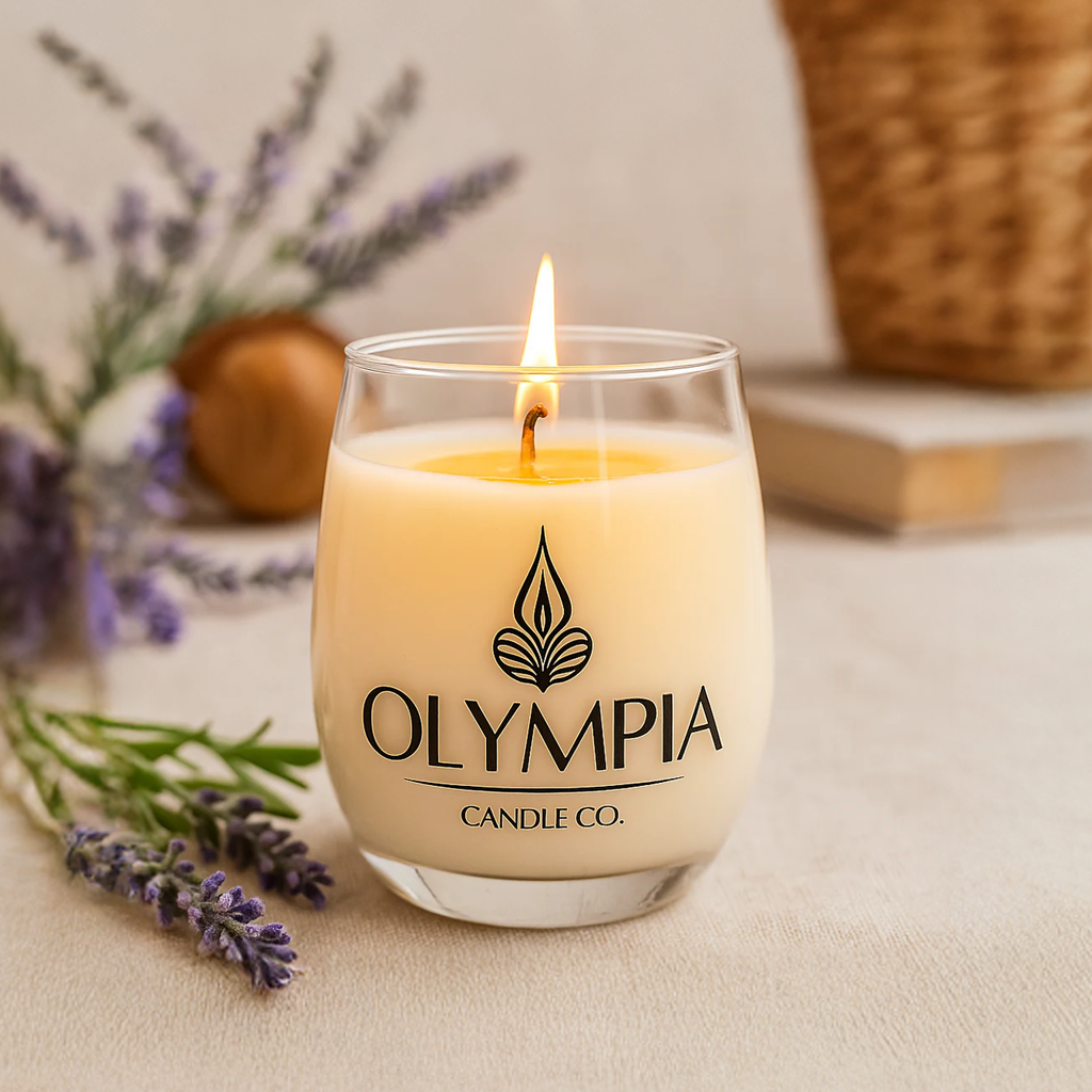 Olympia Candle Co. candle with lavender and a basket in the background