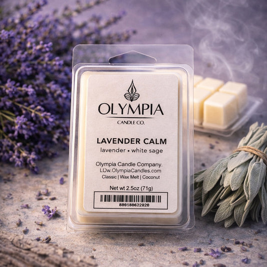 Olympia Candle Co. lavender calm wax melt packaging with lavender and sage on a stone surface.