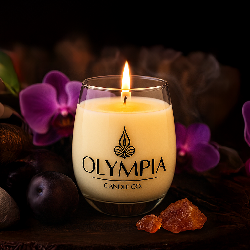 Candle with 'Olympia Candle Co.' logo surrounded by purple flowers and stones on a dark background