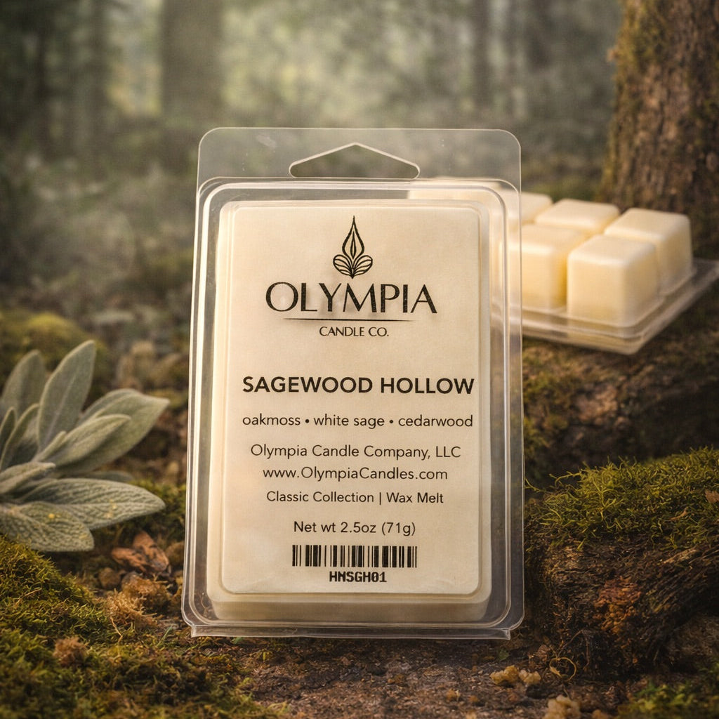 Olympia Candle Co. Sagewood Hollow wax melt package in a forest setting