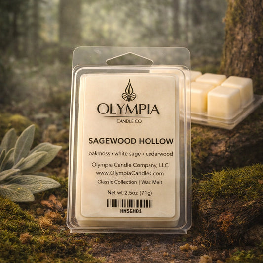 Olympia Candle Co. Sagewood Hollow wax melt package in a forest setting
