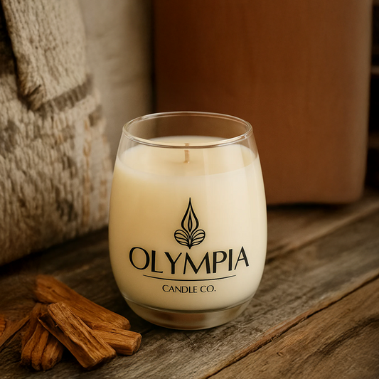 Glass candle with 'Olympia Candle Co.' logo on a wooden surface with cinnamon sticks.
