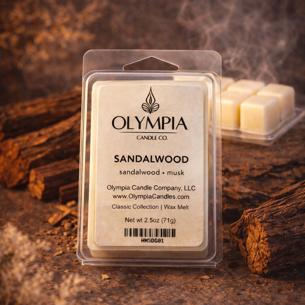 Olympia Candle Company sandalwood wax melt package on a wooden background