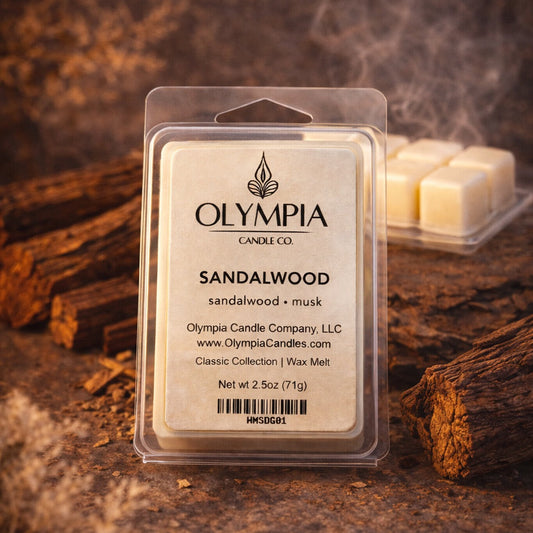 Olympia Candle Company sandalwood wax melt package on a wooden background