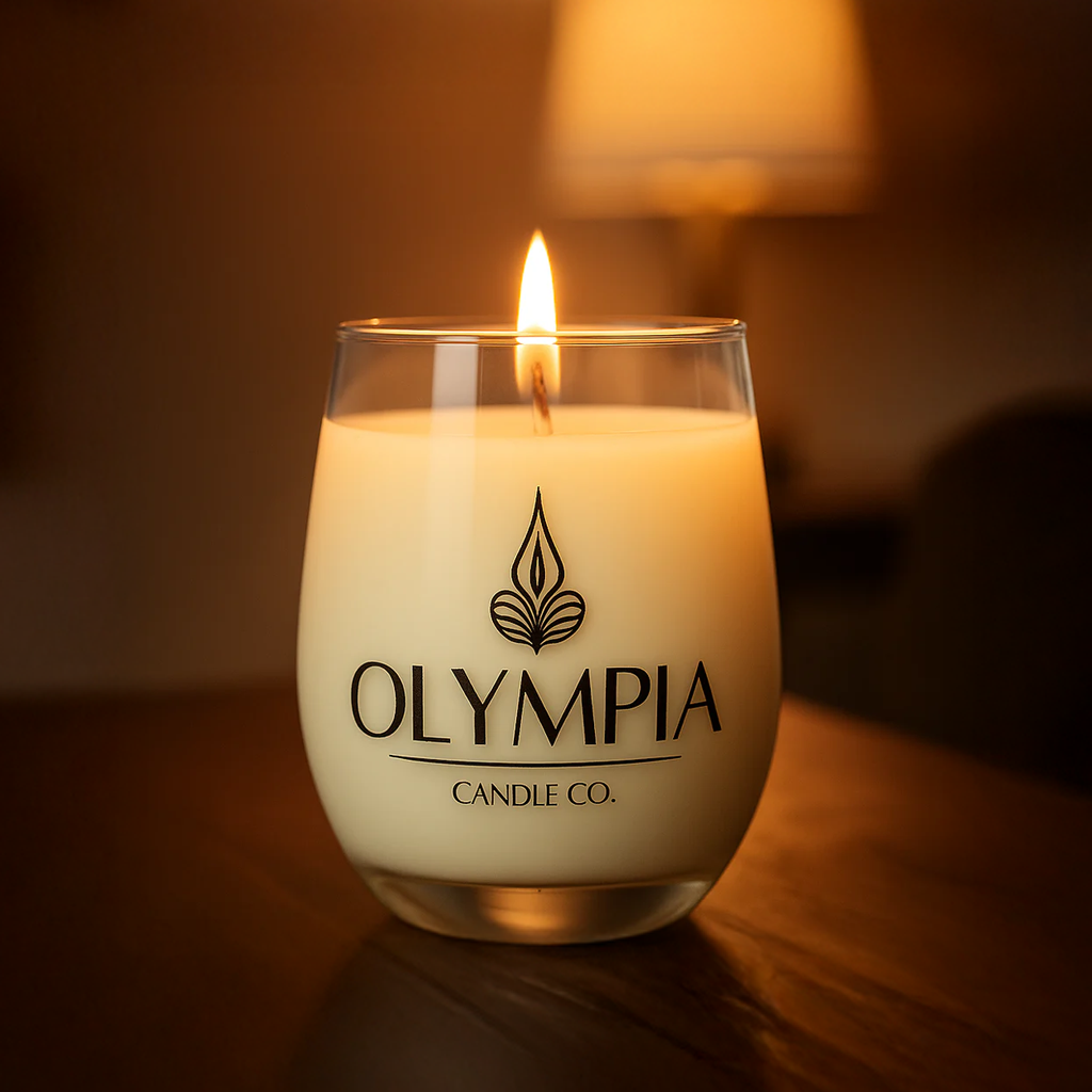 Candle in a glass container with 'Olympia Candle Co.' logo on a blurred background