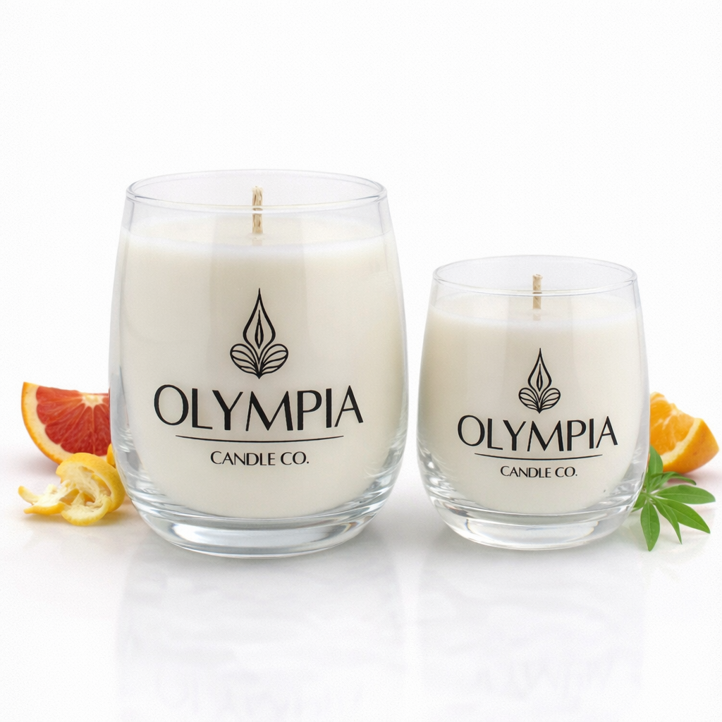 Two glass candles from Olympia Candle Co. with fruit slices and leaves on a white background