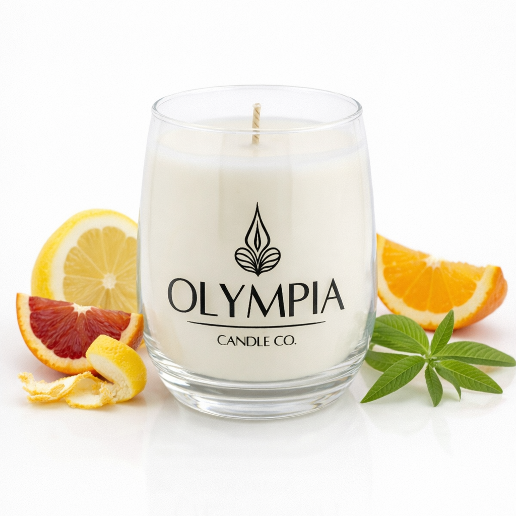 Olympia Candle Co. candle in a glass jar with citrus fruits on a white background