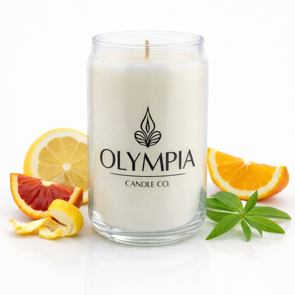Candle with 'Olympia Candle Co.' logo surrounded by citrus fruits on a white background