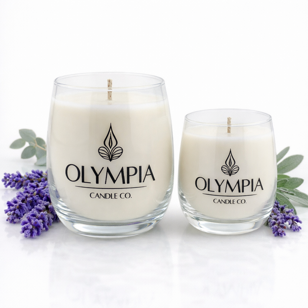 Two glass candles with 'Olympia Candle Co.' logo surrounded by lavender flowers on a white background