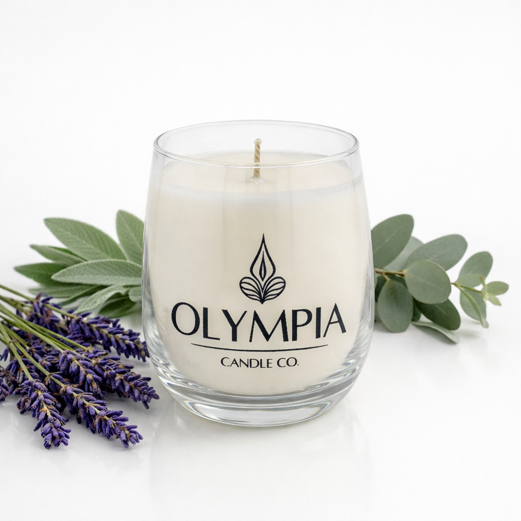 Candle with 'Olympia Candle Co.' logo surrounded by lavender and eucalyptus leaves on a white background
