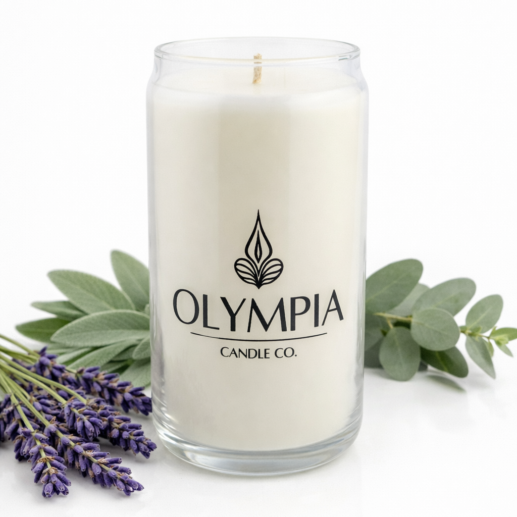 Candle with Olympia Candle Co. logo surrounded by lavender and eucalyptus leaves on a white background