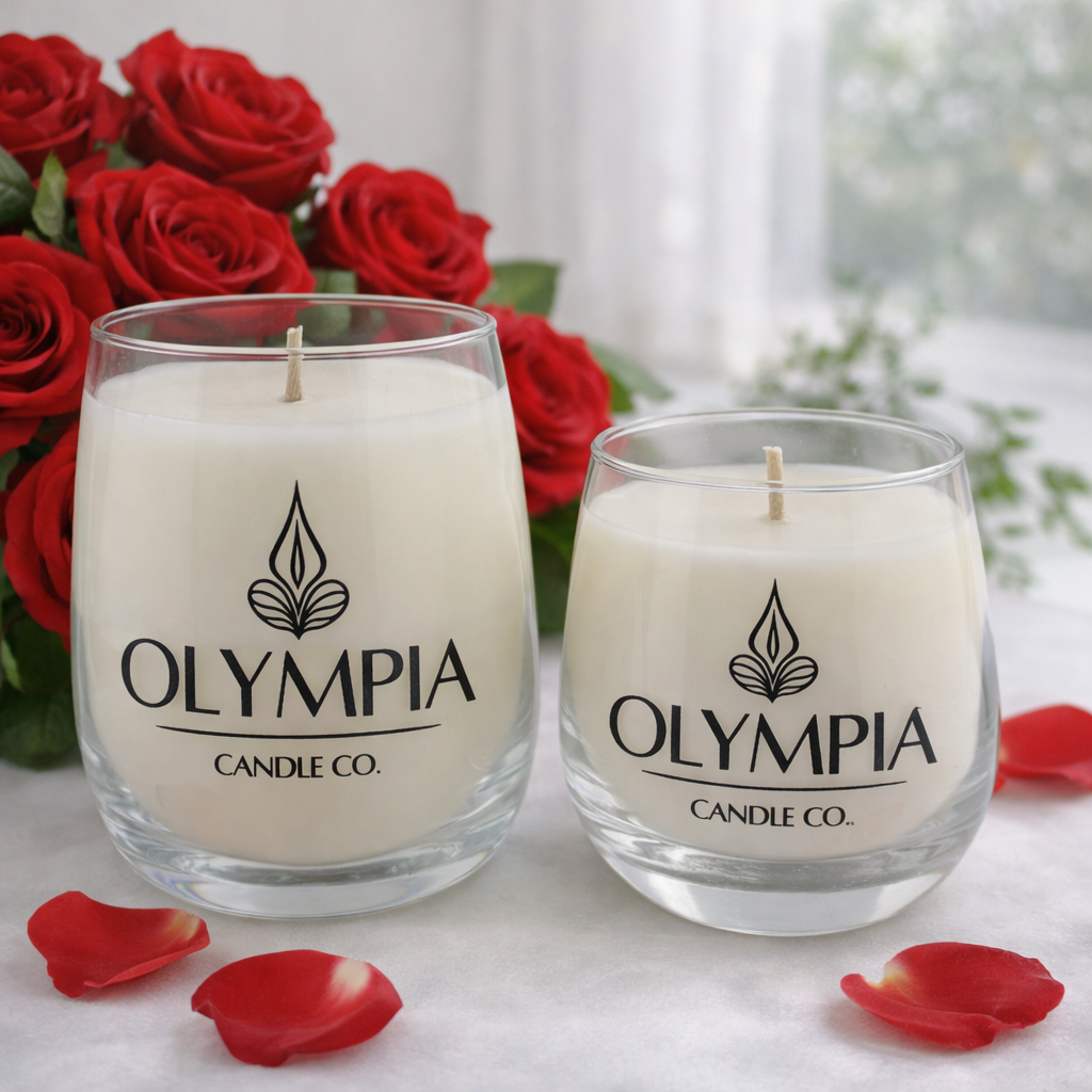 Two Olympia Candle Co. candles with a bouquet of red roses in the background.
