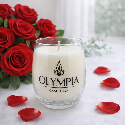 White candle in a glass holder with 'Olympia Candle Co.' logo, surrounded by red roses and petals on a light surface.