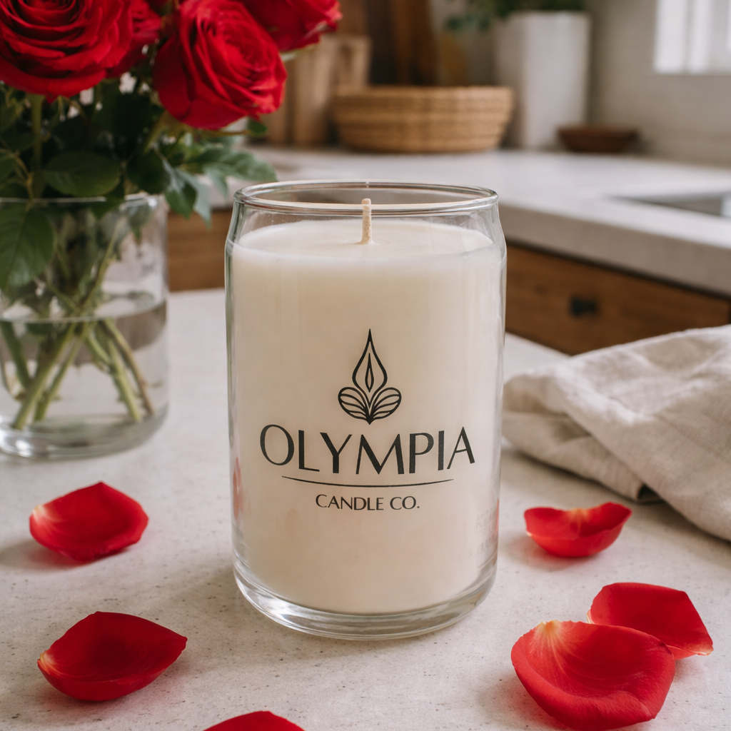 Olympia Candle Co. candle on a table with red roses and petals