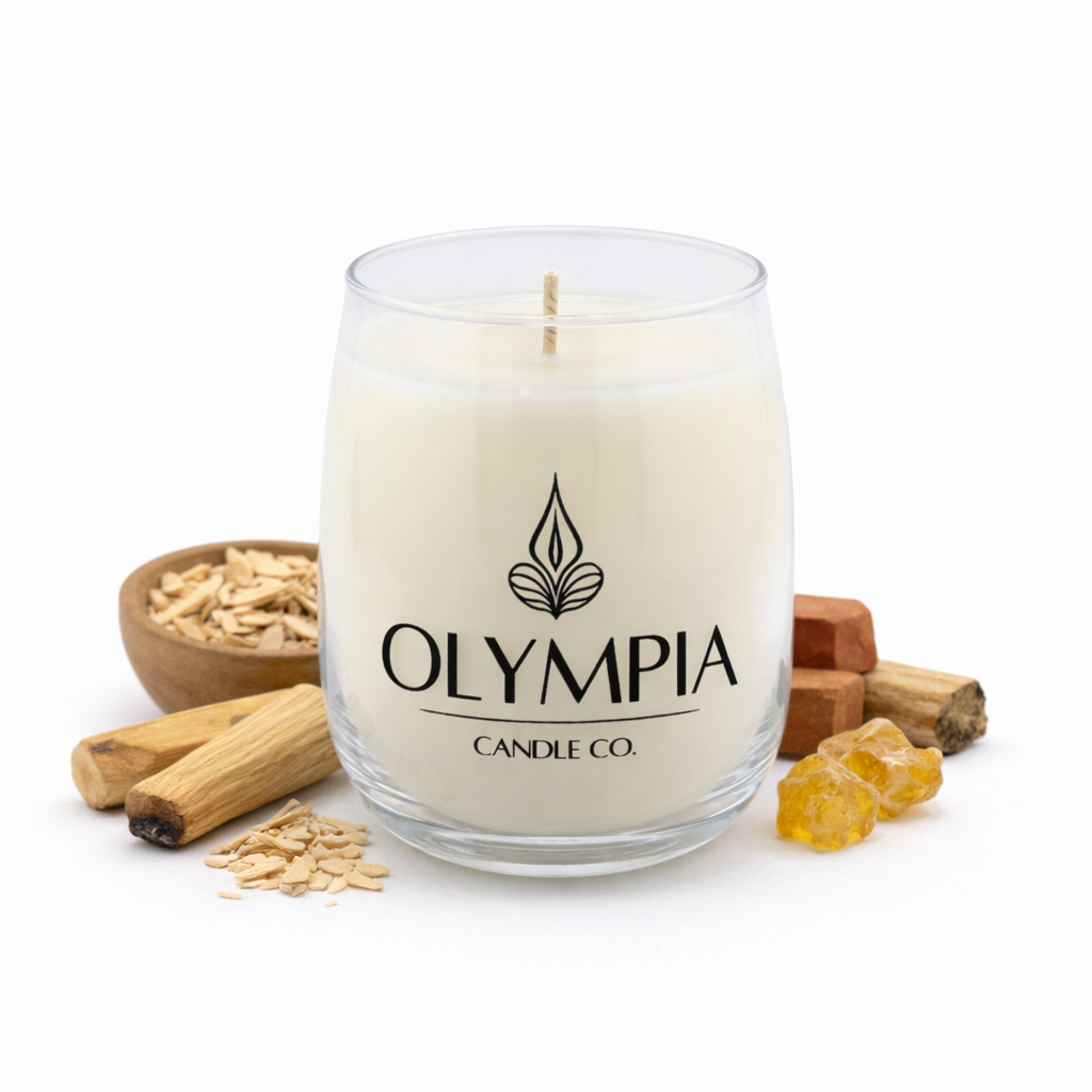 Candle with 'Olympia Candle Co.' logo surrounded by wooden sticks and dried herbs on a white background