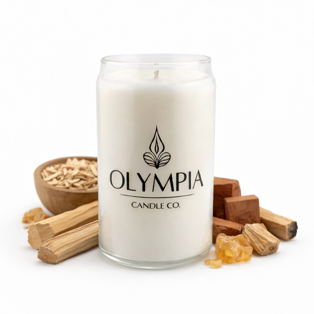 White candle with 'Olympia Candle Co.' logo surrounded by wooden sticks and a bowl of wood chips on a white background
