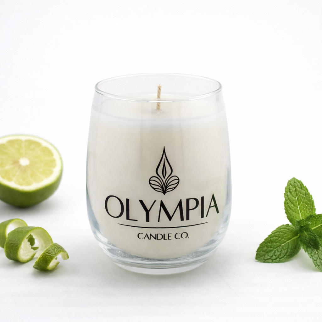 Candle in a glass jar with 'Olympia Candle Co.' branding, surrounded by a lime and mint leaves on a white background.