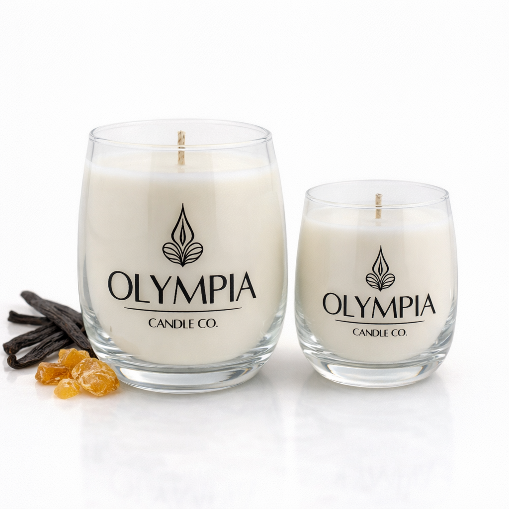 Two glass candles with 'Olympia Candle Co.' logo on a white background