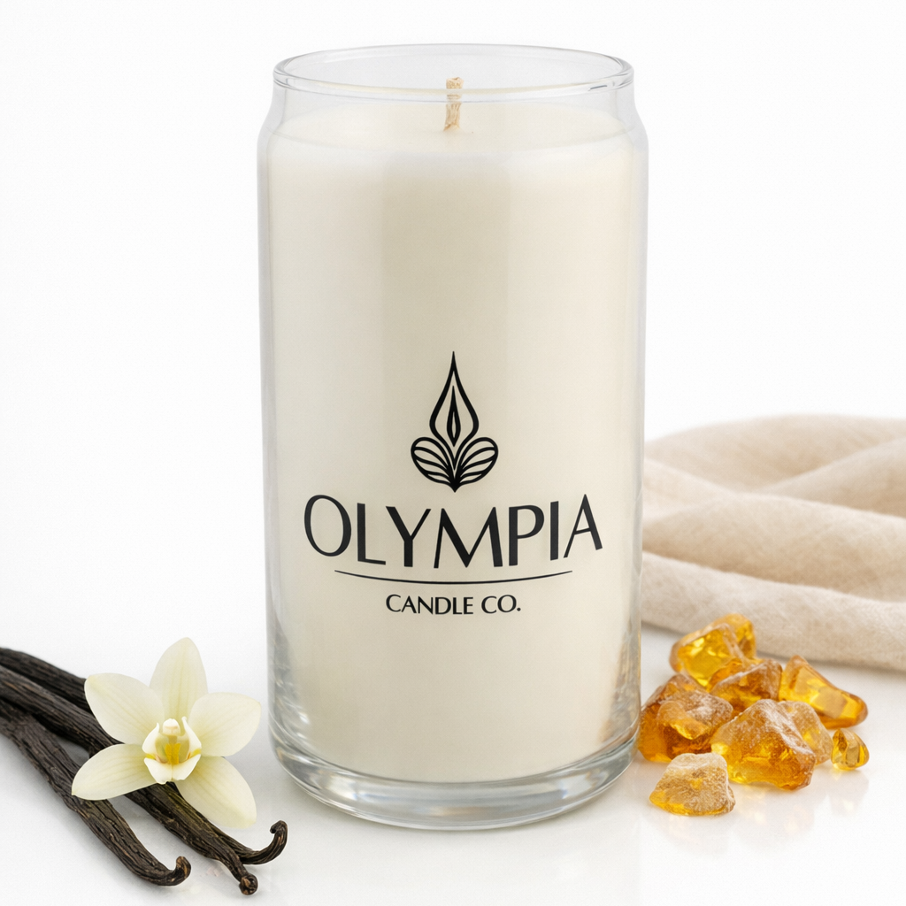 Olympia Candle Co. candle with vanilla beans and flowers on a white background